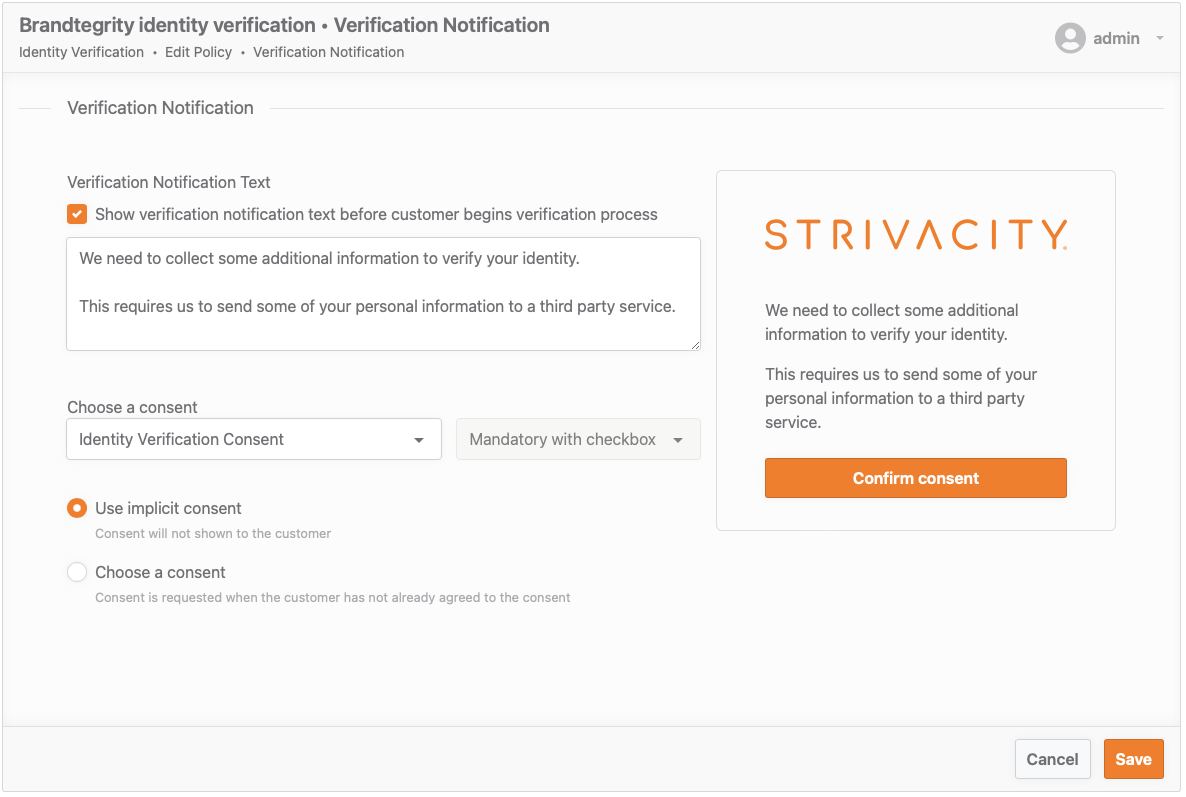 Verification notification configuration step showing implicit selected