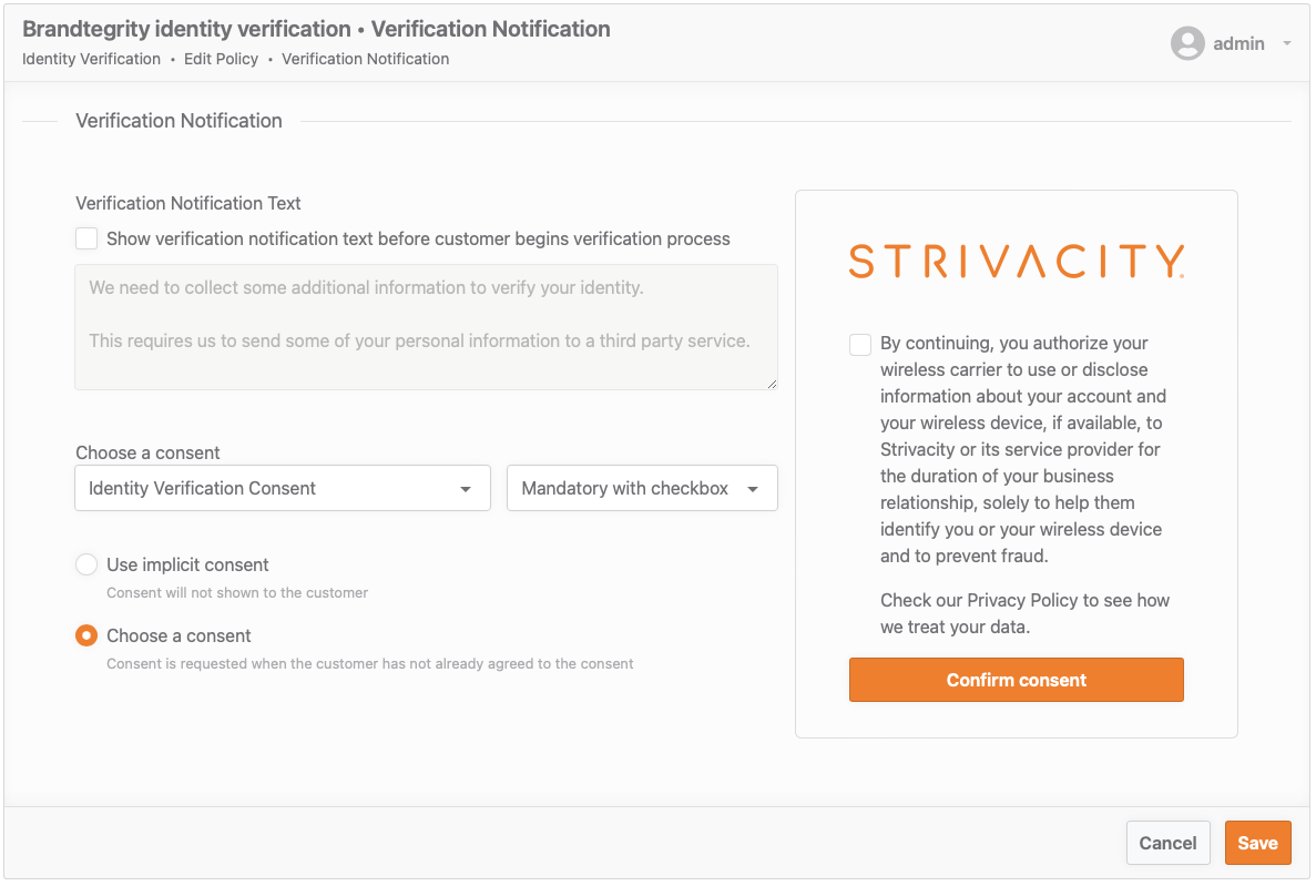 Verification notification and consent configuration screen. Notification text disabled, choose a consent selected.