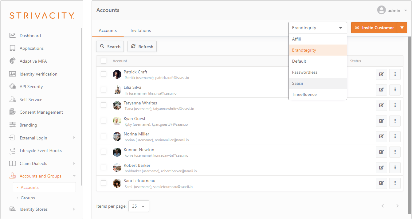 Accounts page in the Admin Console