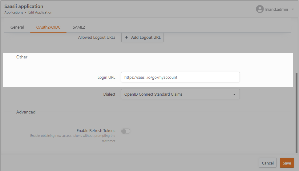 Application shortcut URL highlighted in the OAuth/OIDC tab