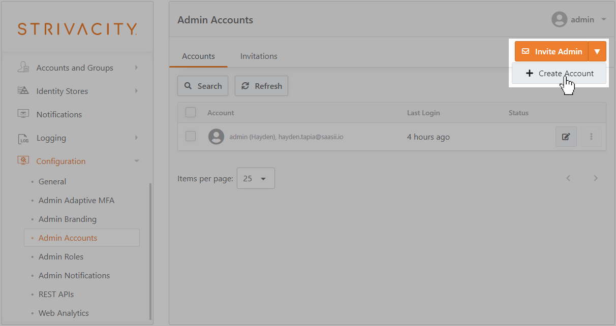 Create Account option located under Invite Admin