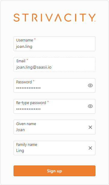 Example invitation sign-up form with pre-filled details 