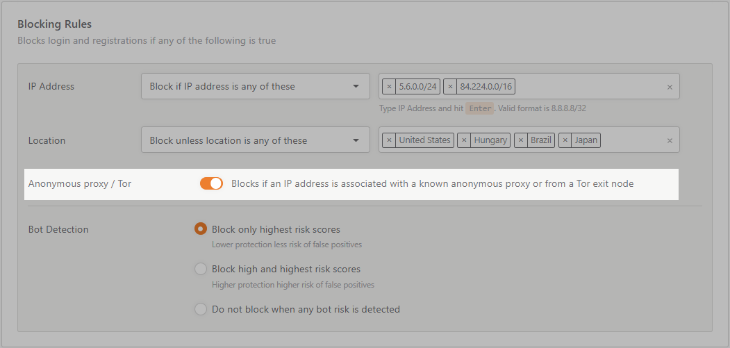 Anonymous proxy / Tor detection tool in a blocking rule