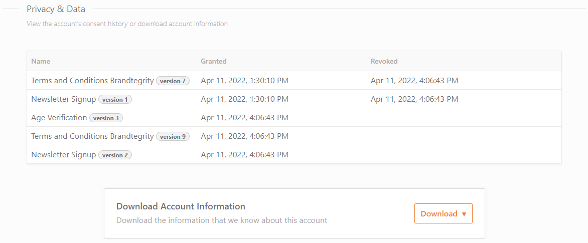 Consent receipt logs in a customer account