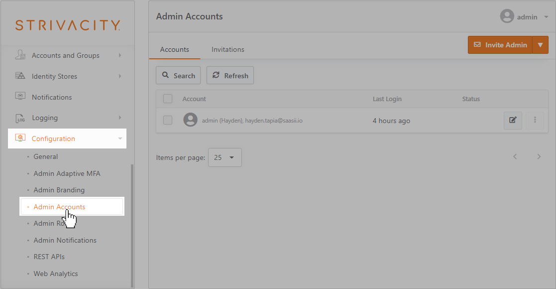 Admin Accounts menu under Configuration