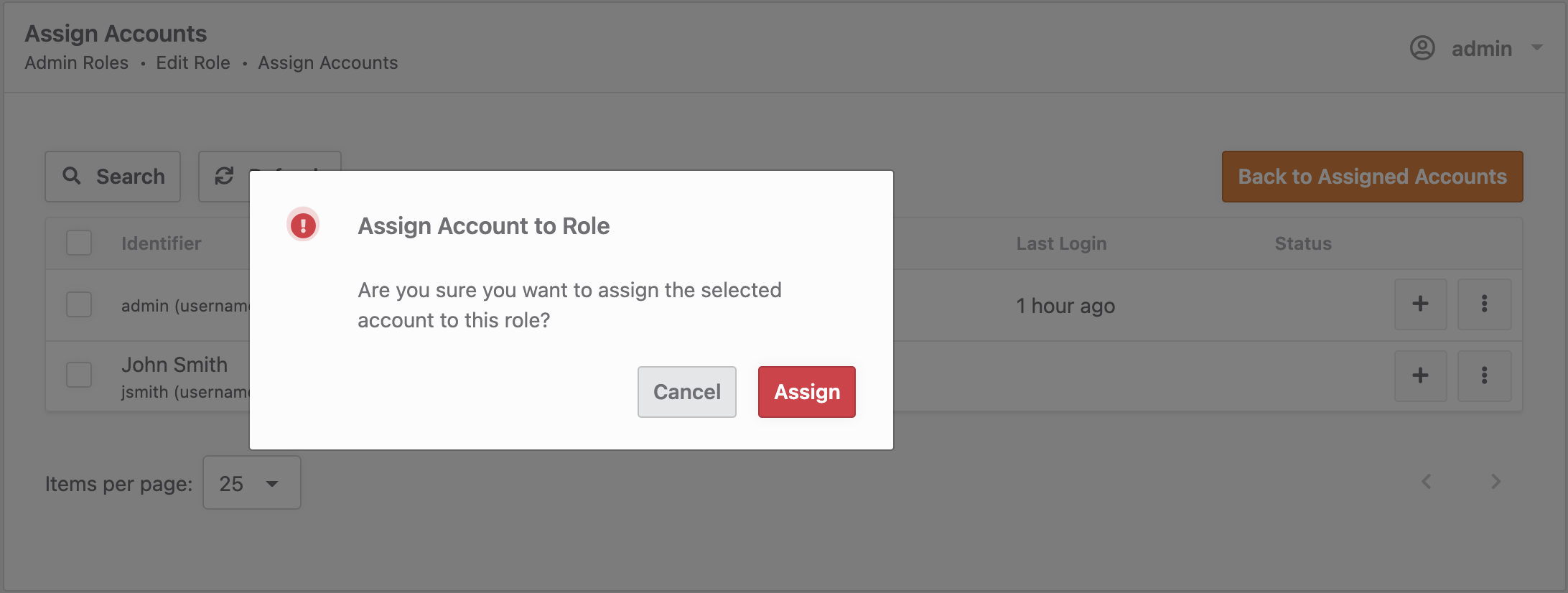 Role assignment confirmation window