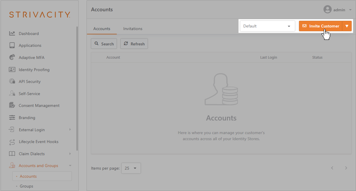 Invite Customer button on the Accounts page