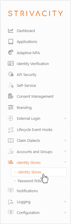 Identity stores menu in the navigation panel