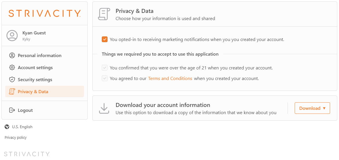 Consent management on the Privacy and data page