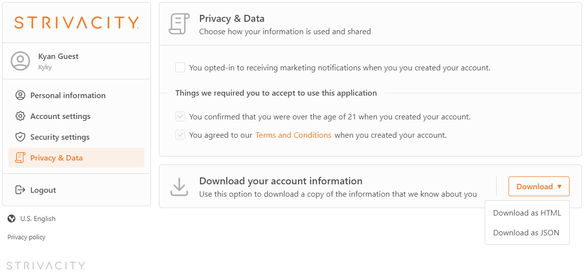 Account information download option on the Privacy and data page