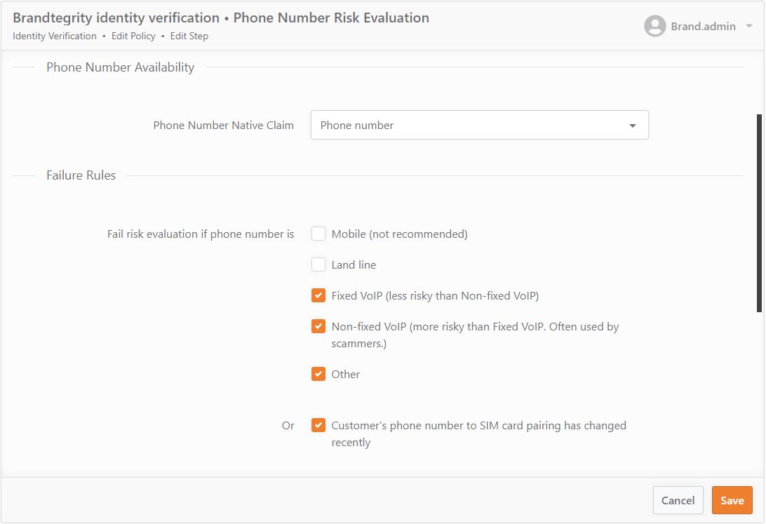 Phone number risk evaluation configuration screen