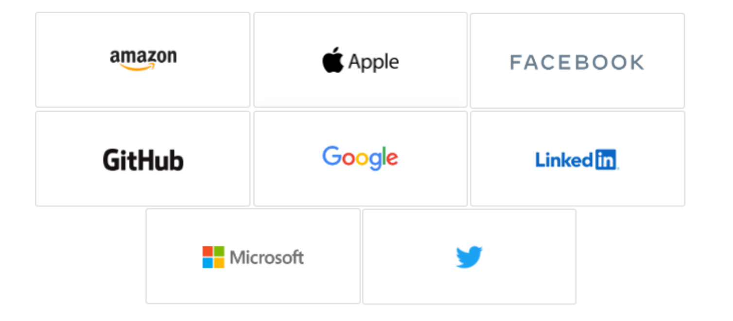 Currenlty support social login providers: Amazon, Apple, Facebook, Github, Google, LinkedIn, Microsoft, and Twitter