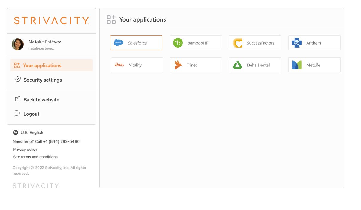 Your applications page with configured application quick accesses